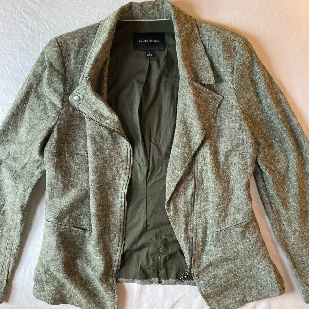 Banana Republic Jacket Women 8 Rifle Green Linen Blend Moto Long Sleeve